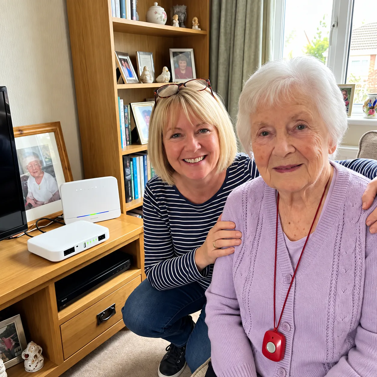 Daughter and elderly mother with LineKeeper fitted by the hub