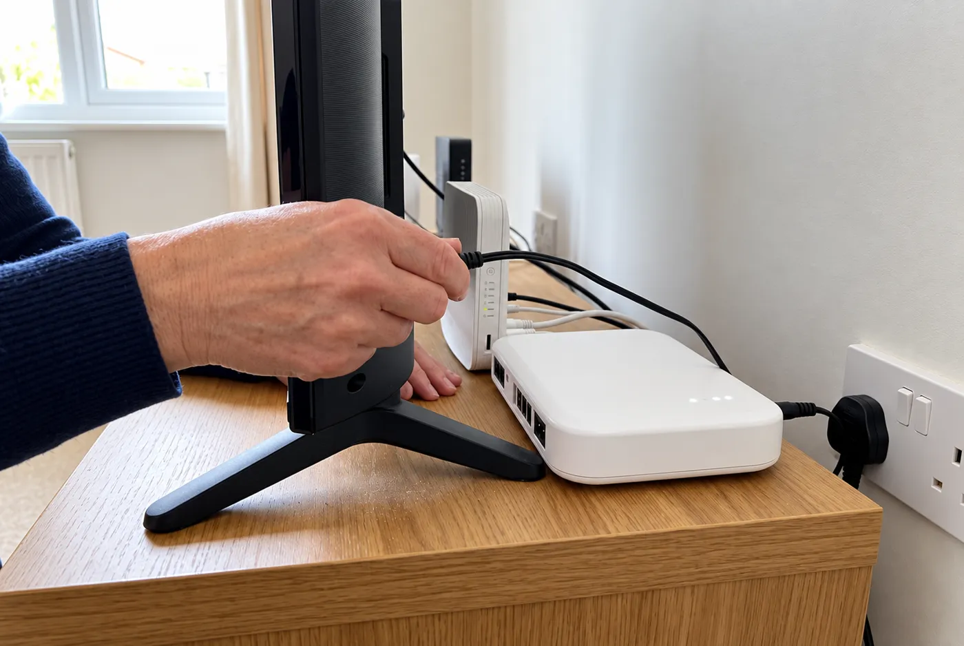 Fitting the LineKeeper battery backup behind a TV next to the broadband hub