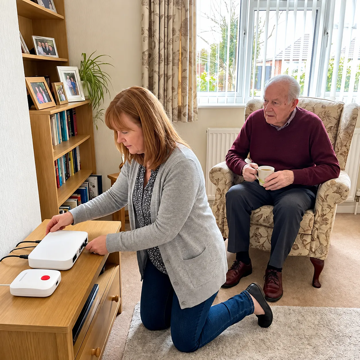 Daughter fitting a LineKeeper battery backup for her elderly father